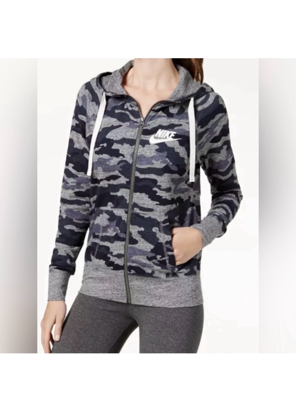 Nike Women’s Grey and Navy Camo Zip-Up Hoodie